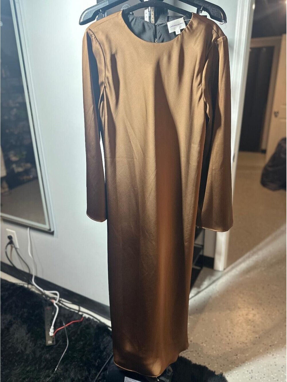 Lavender Brown McKenna Dress Cocoa Camel Satin Maxi Dress Size L NWT USA - Picture 4 of 5